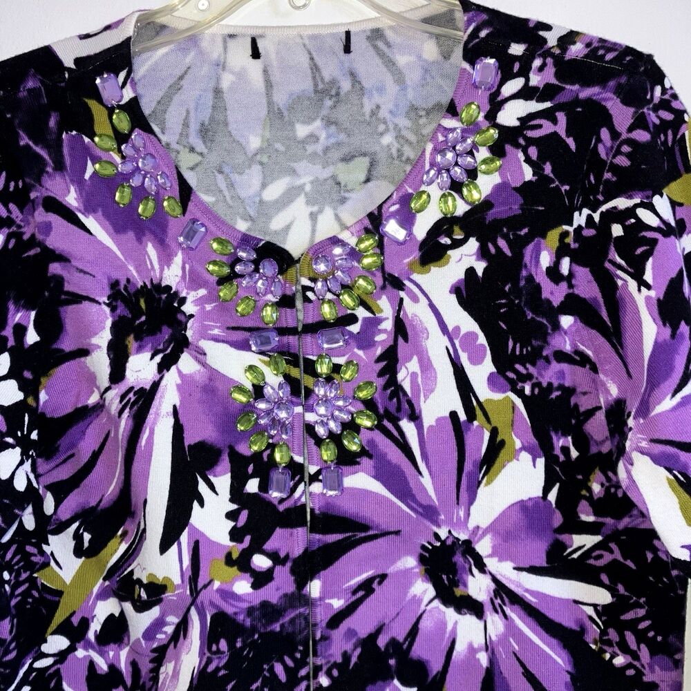 STYLE & CO sz L Purple Floral Rhinestone Smooth Knit Cardigan Top Green - Picture 3 of 5